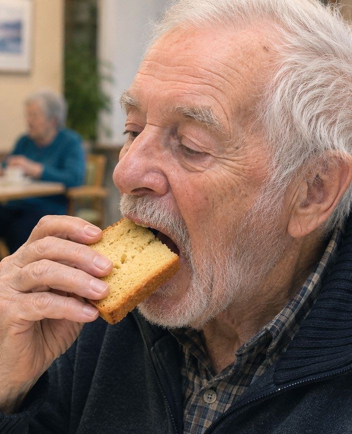 Un résident savoure une tranche de cake