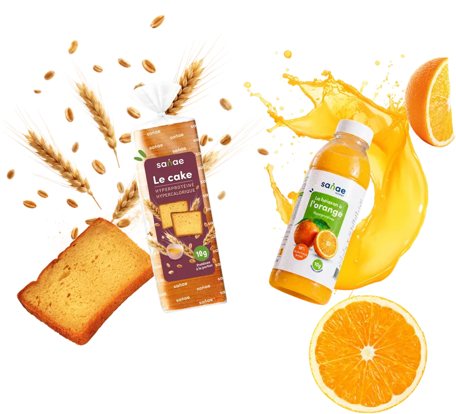 La boisson à l’orange et le cake Sanae, entourés d’oranges et d’épis de blé